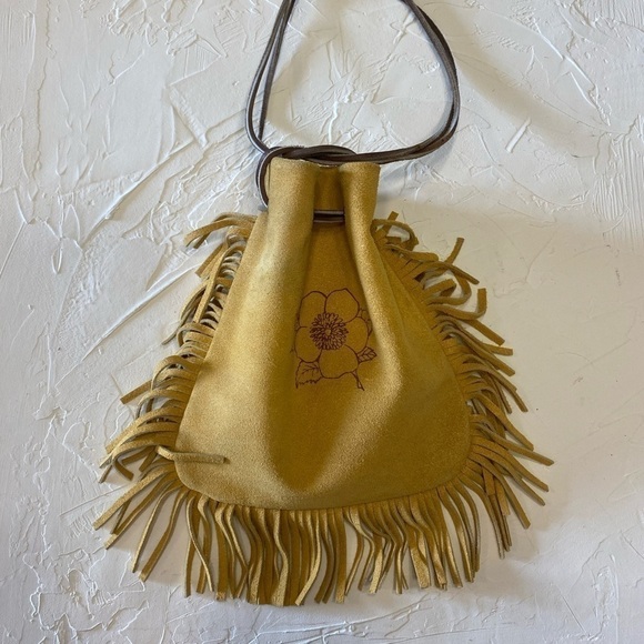 LEATHER Fringed Drawstring Bag with Wild Rose - Picture 5 of 14